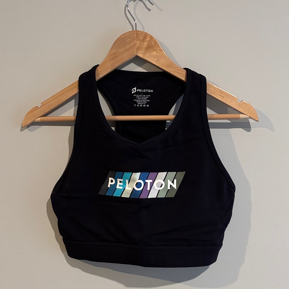Peloton Women's Black Sports Bra with Multicolor Logo
